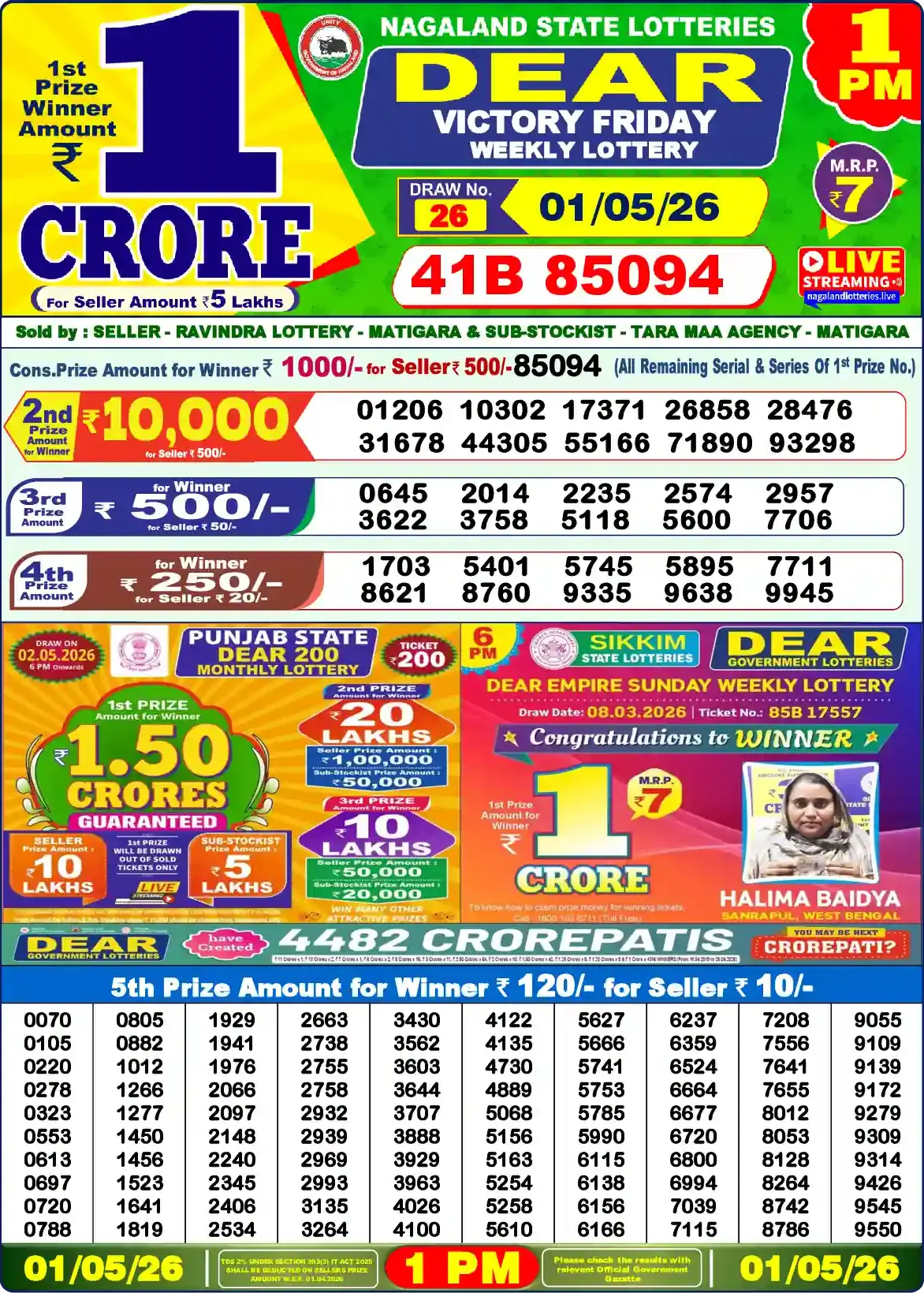 Dear Lottery Sambad Today 02-05-2026 1PM Result