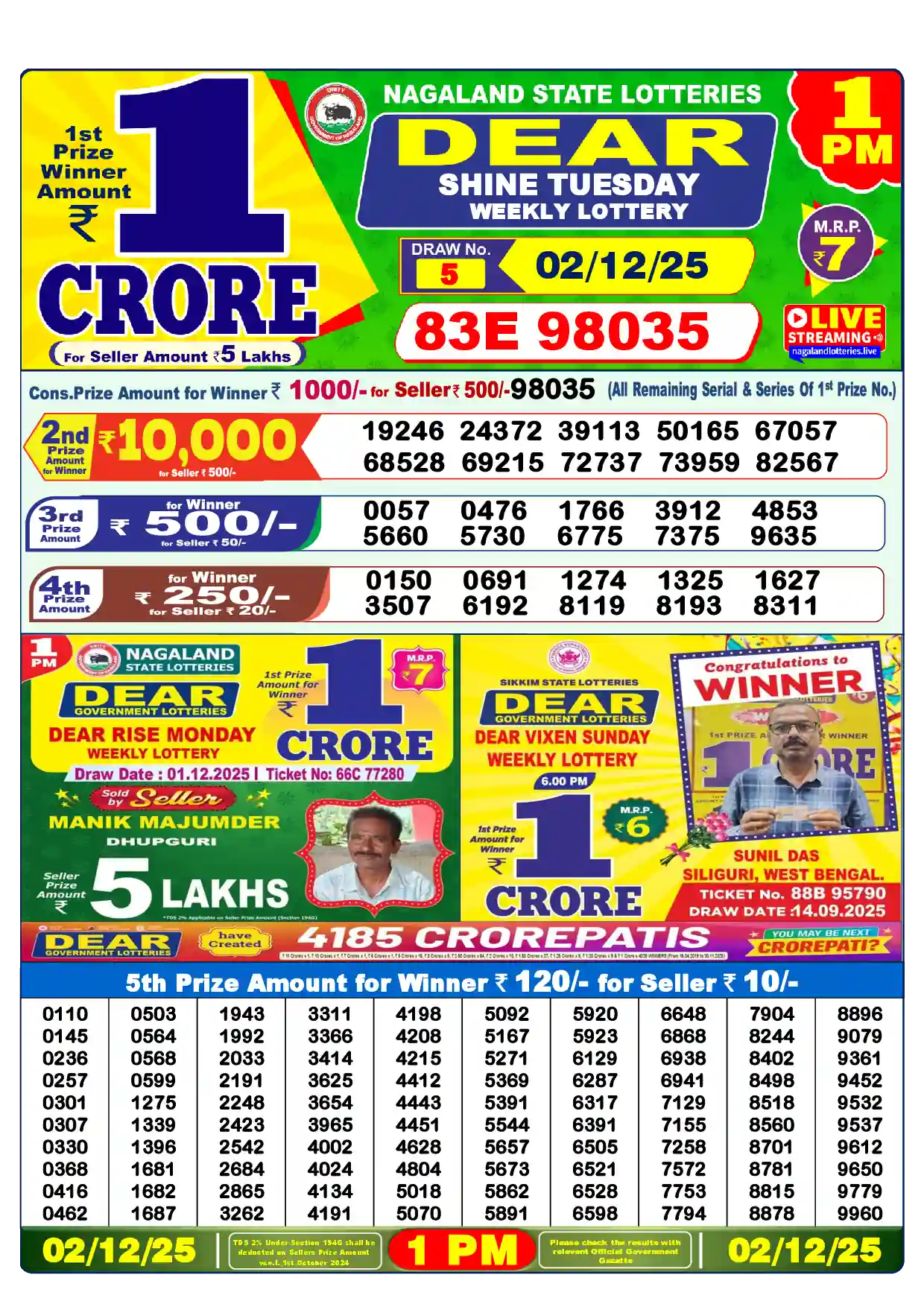 Dear Lottery Old Result 1PM 
