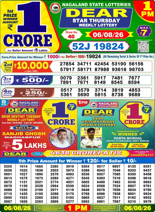 Dear Lottery Sambad Today 06-08-2026 1PM Result