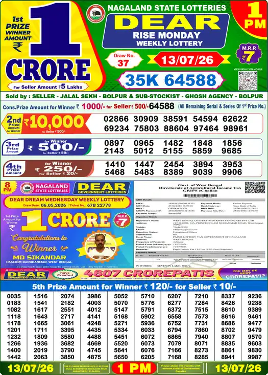 Dear Lottery Old Result 1PM 