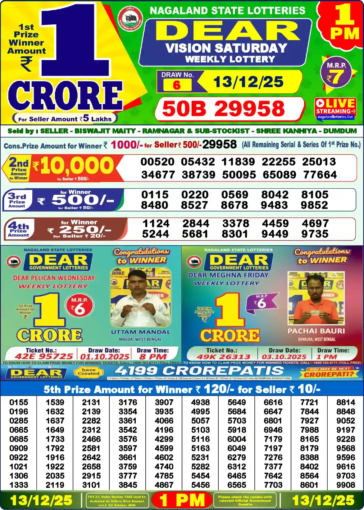 Dear Lottery Result Today 1PM 13-12-2025
