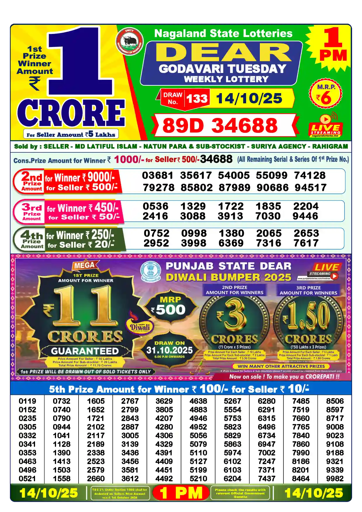 Dear Lottery Result Today 1PM 14-10-2025