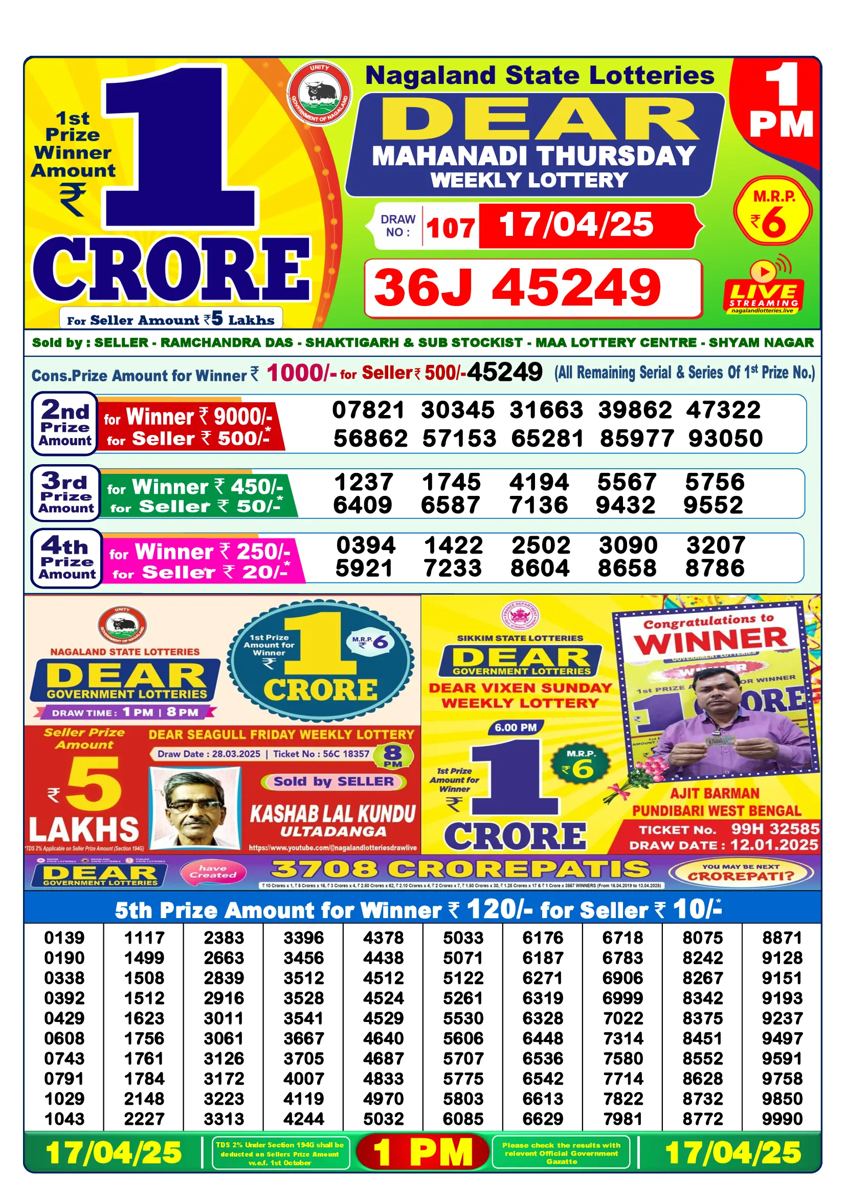 Dear Lottery Old Result 1PM