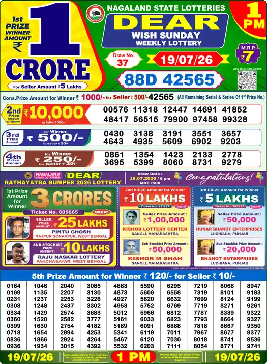Dear Lottery Old Result 1PM 