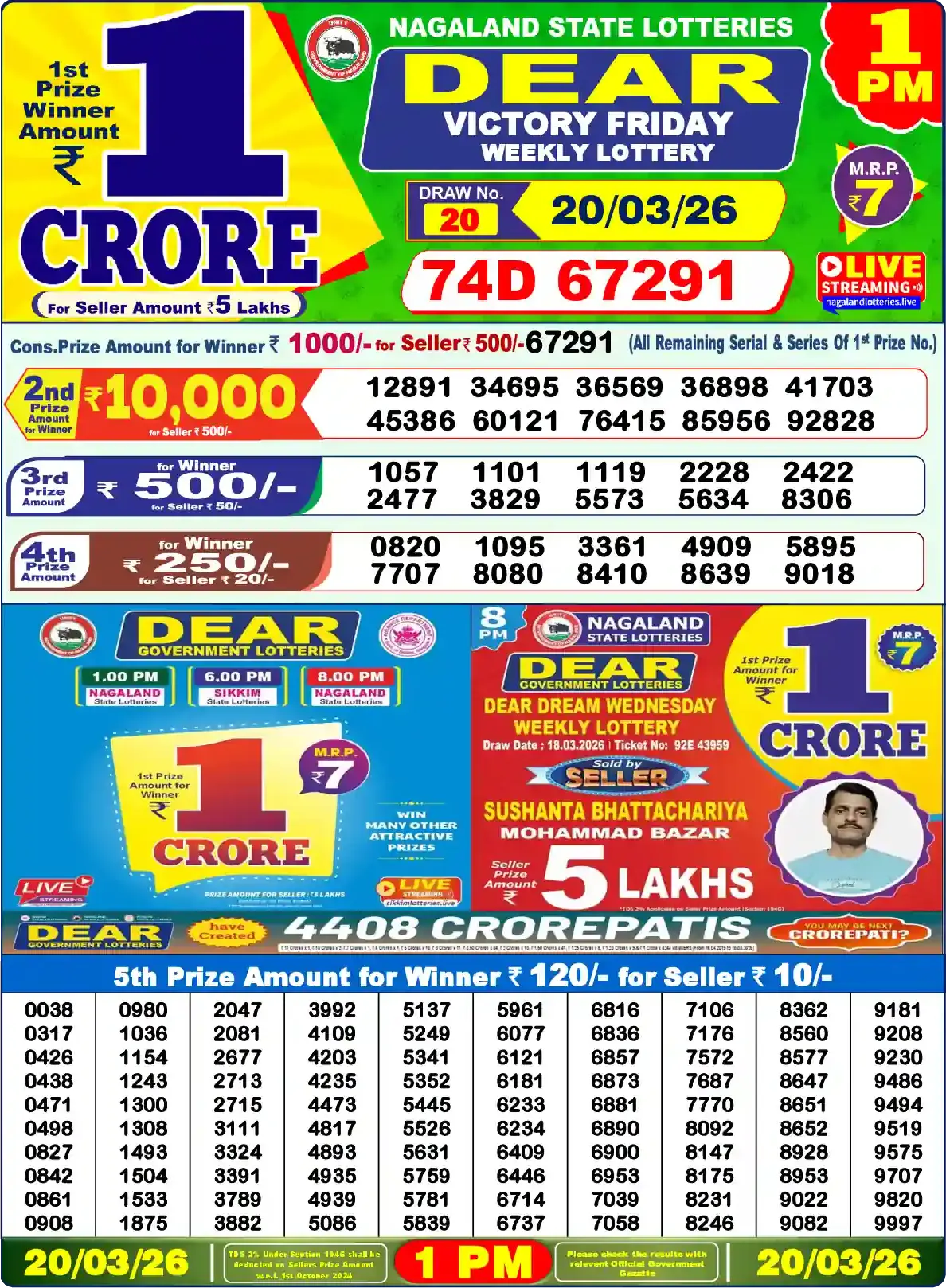 Dear Lottery Sambad Today 20-03-2026 1PM Result