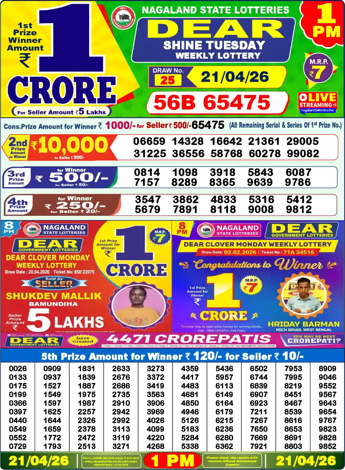 ডিয়ার লটারী সংবাদ  Today 1PM 21-04-2026