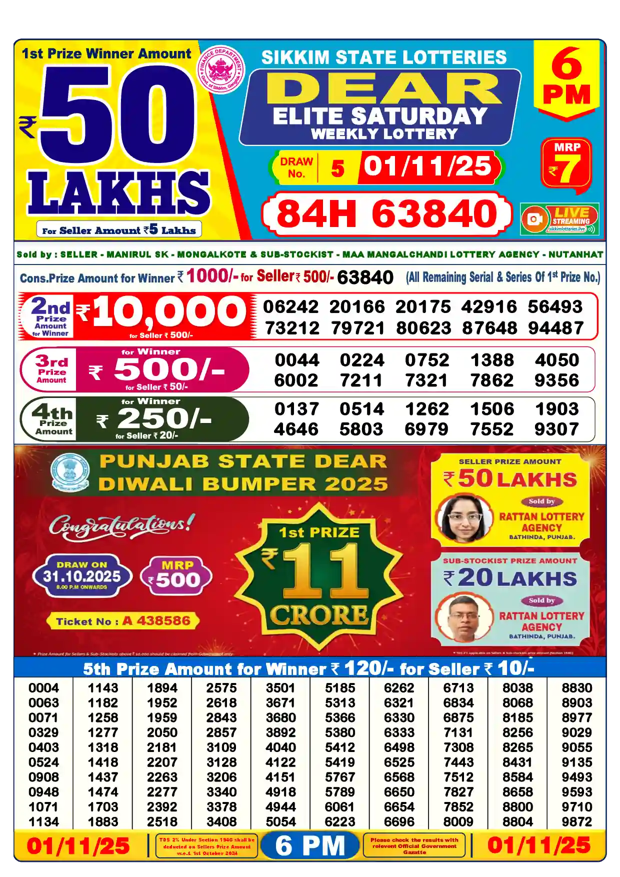 Dear Lottery Result Today 6PM 01-11-2025