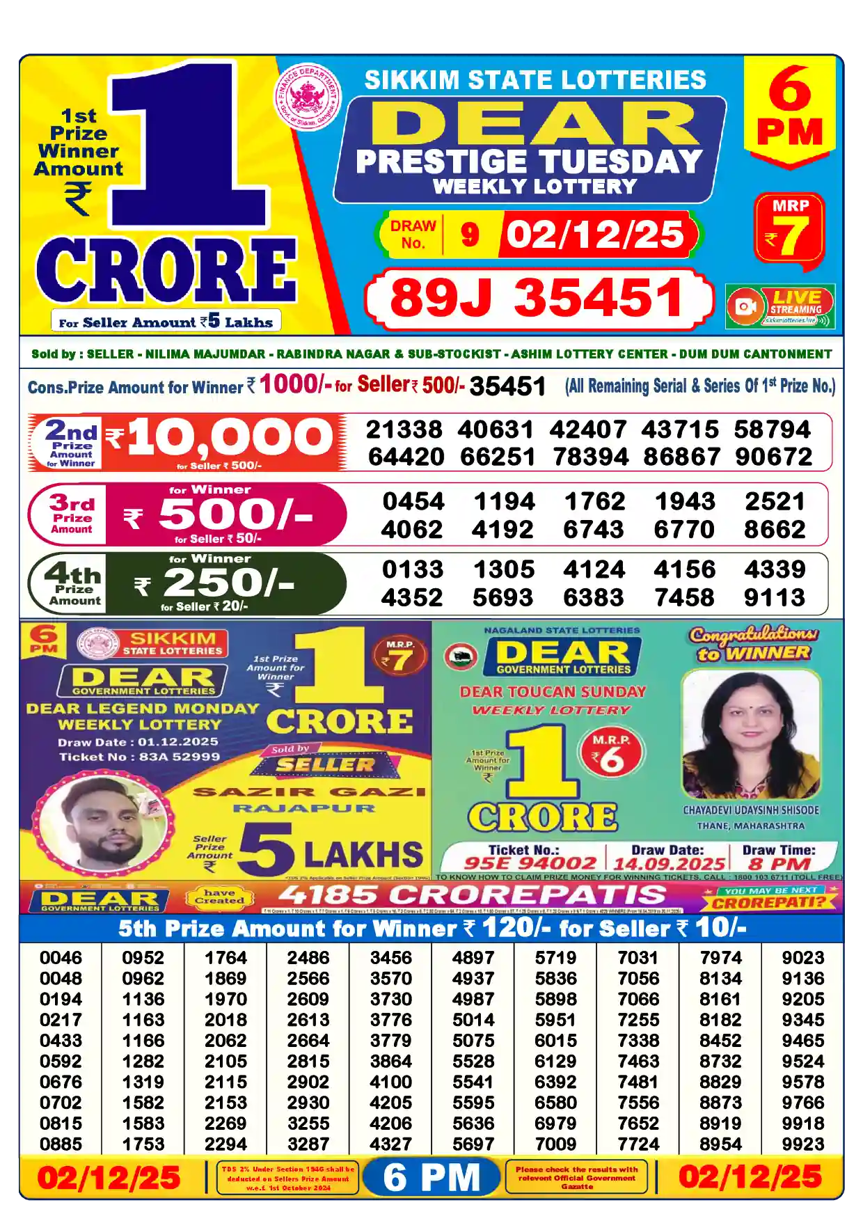 Dear Lottery Old Result 6PM 