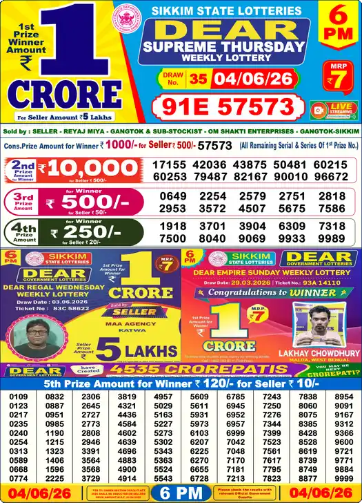 Dear lottery sambad Today 6pm
