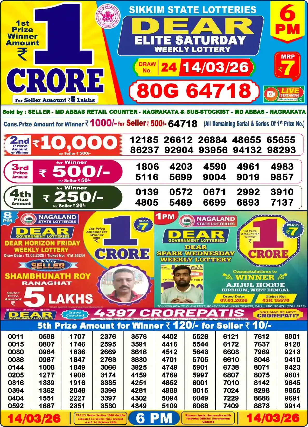 Dear Lottery Result Yesterday 6PM 14-03-2026
