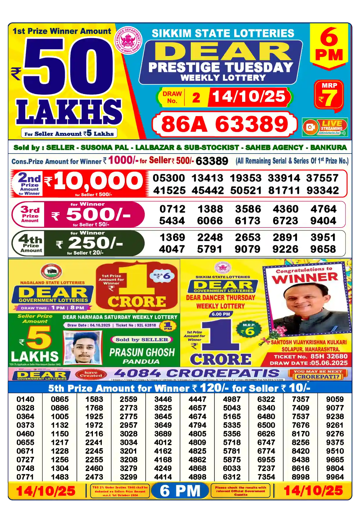 Dear Lottery Result Today 6PM 15-10-2025