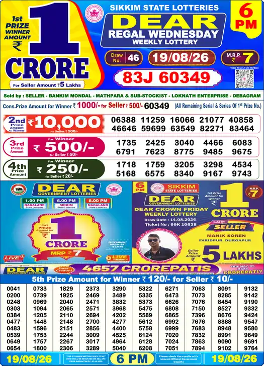 Dear Lottery Sambad Today 19-08-2026 6PM Result