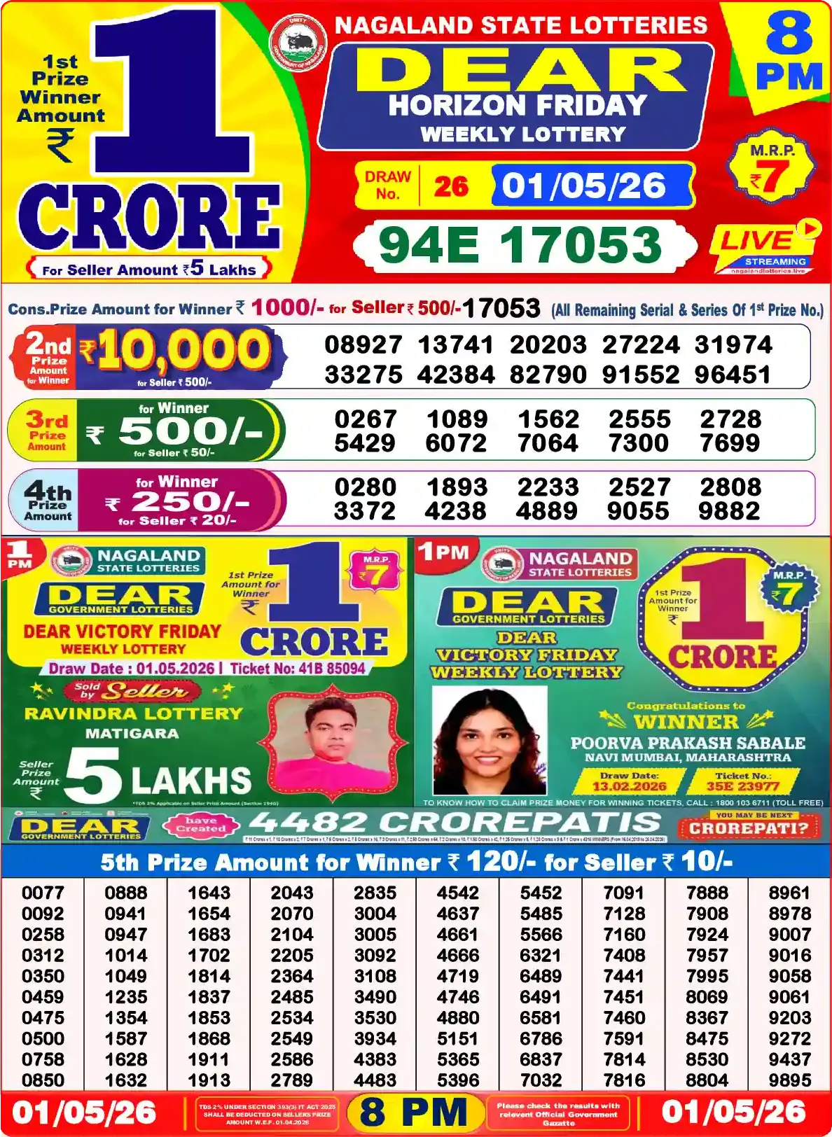 Dear Lottery Result Today 8PM 02-05-2026