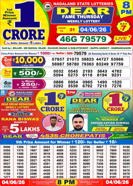 Dear lottery sambad Today 8pm