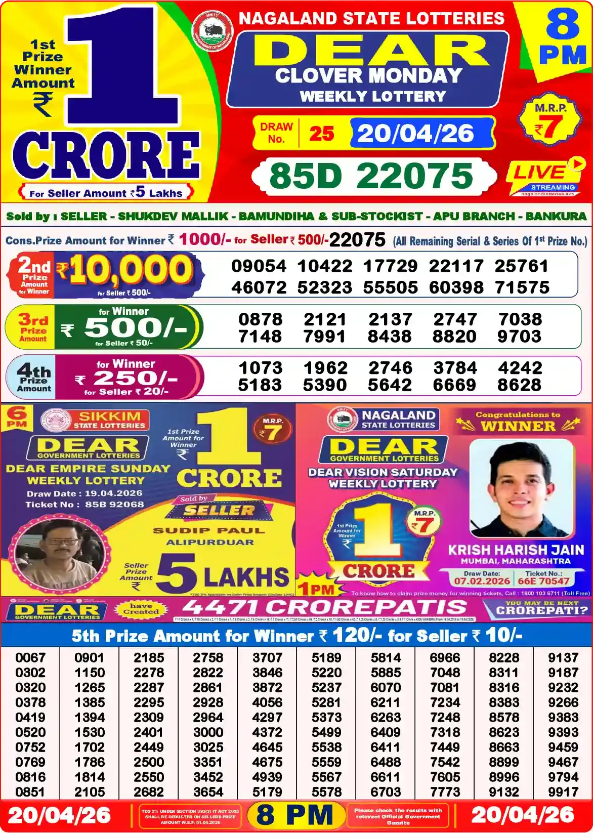 Dear Lottery Old Result 8PM 