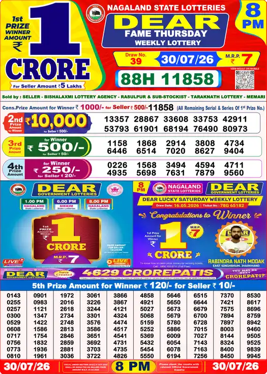 Dear Lottery Result Today 8PM 31-07-2026